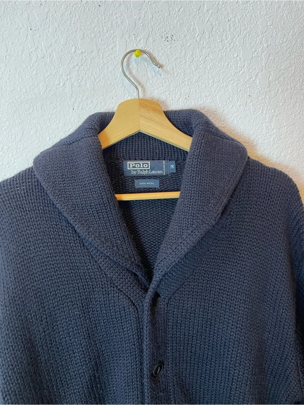 Vintage Polo Ralph Lauren Navy Blue 100% Wool shawcollar Chunky cardigan size M